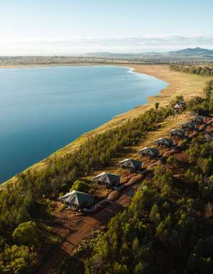 Aerial view of eight new Wilderluxe glamping tents at Lake Keepit