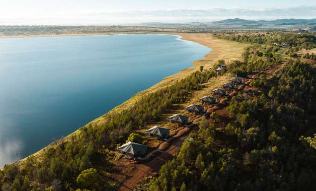 Aerial view of eight new Wilderluxe glamping tents at Lake Keepit