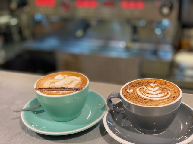 two cups of coffee at Bogey Hole Café