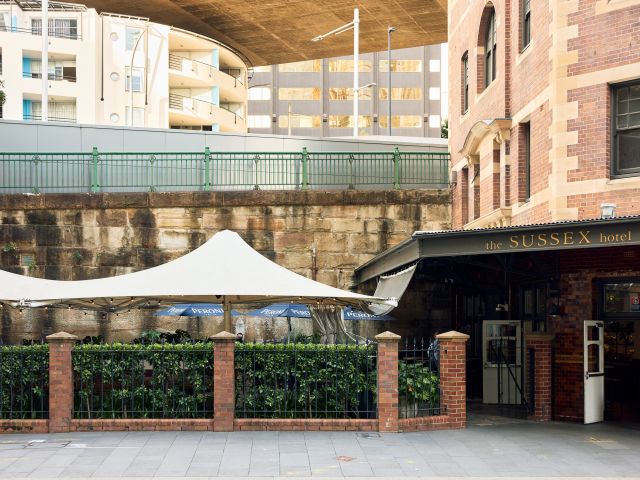 the public bar and beer garden at The Sussex