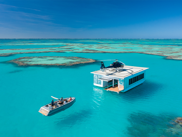 A pontoon sitting on the Great Barrier reef near Heart Reef.