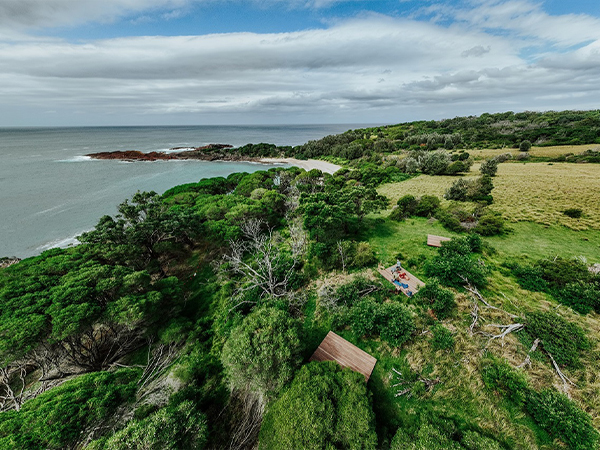 An aerial view of the Mowarry campgrounds on the Light to Light walk.