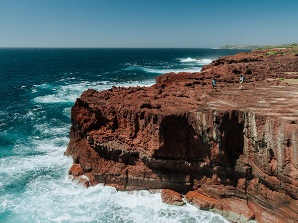A hiker standing on a rock overlooking the ocean at the Light to Light walk.