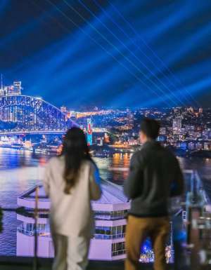 A couple watching the lights of Vivid Sydney at Aster, InterContinental Sydney