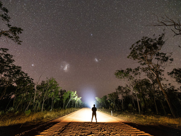 a person standing on the Savannah Way under the stars