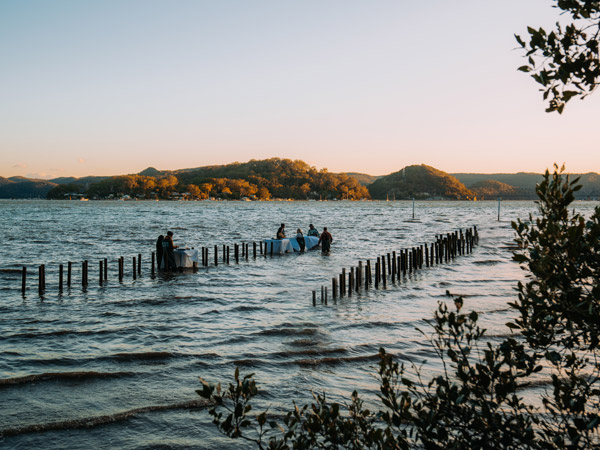 People wading in the water at Sydney Rock Oysters in-water dining experience