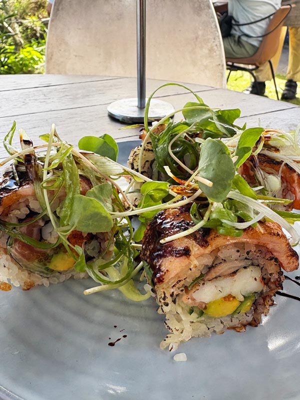 Prawn sushi at Chez Basho Boatshed Cafe in Iluka