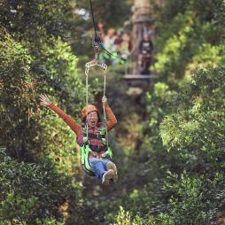 a woman riding a zipline through the canopy at Illawarra Fly Tree Top Adventures, things to do with kids in kiama