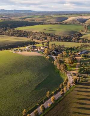An aerial view of the rolling fields at Kingsford The Barossa.
