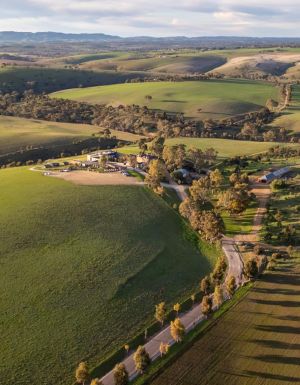An aerial view of the rolling fields at Kingsford The Barossa.