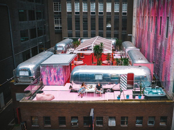 view from the top of the chrome airstream trailers at Hotel No, Melbourne accommodation