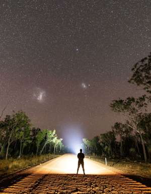 a person standing on the Savannah Way under the stars
