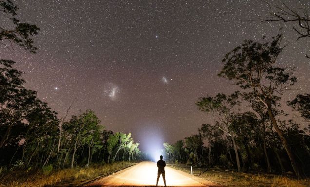 a person standing on the Savannah Way under the stars