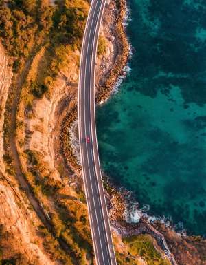 aerial of sea cliff bridge along grand pacific drive nsw