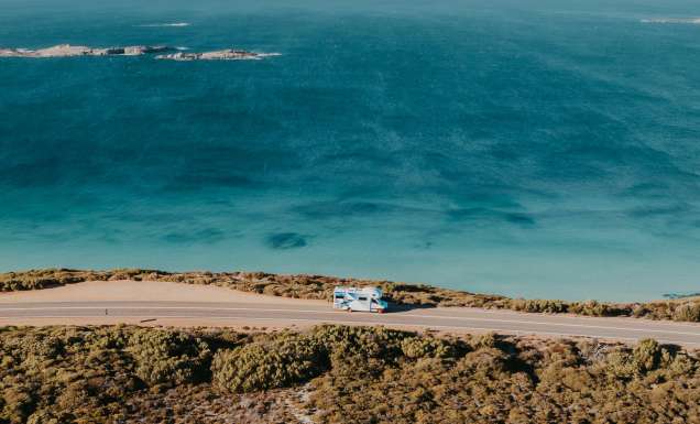Aerial view of the Star RV Motorhomes Polaris 6 vehicle cruising along a coastal road in Esperence western australia