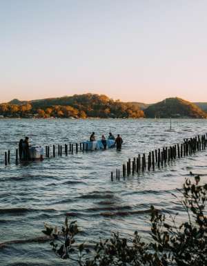 People wading in the water at Sydney Rock Oysters in-water dining experience