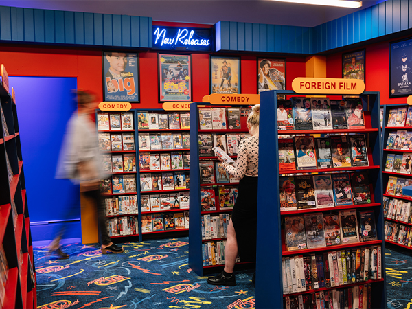 A full-scale replica of a 90s video store.