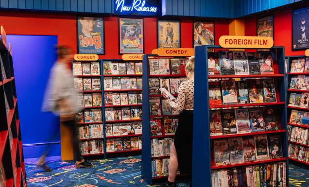 A full-scale replica of a 90s video store.