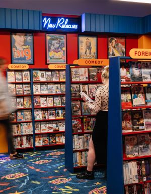 A full-scale replica of a 90s video store.