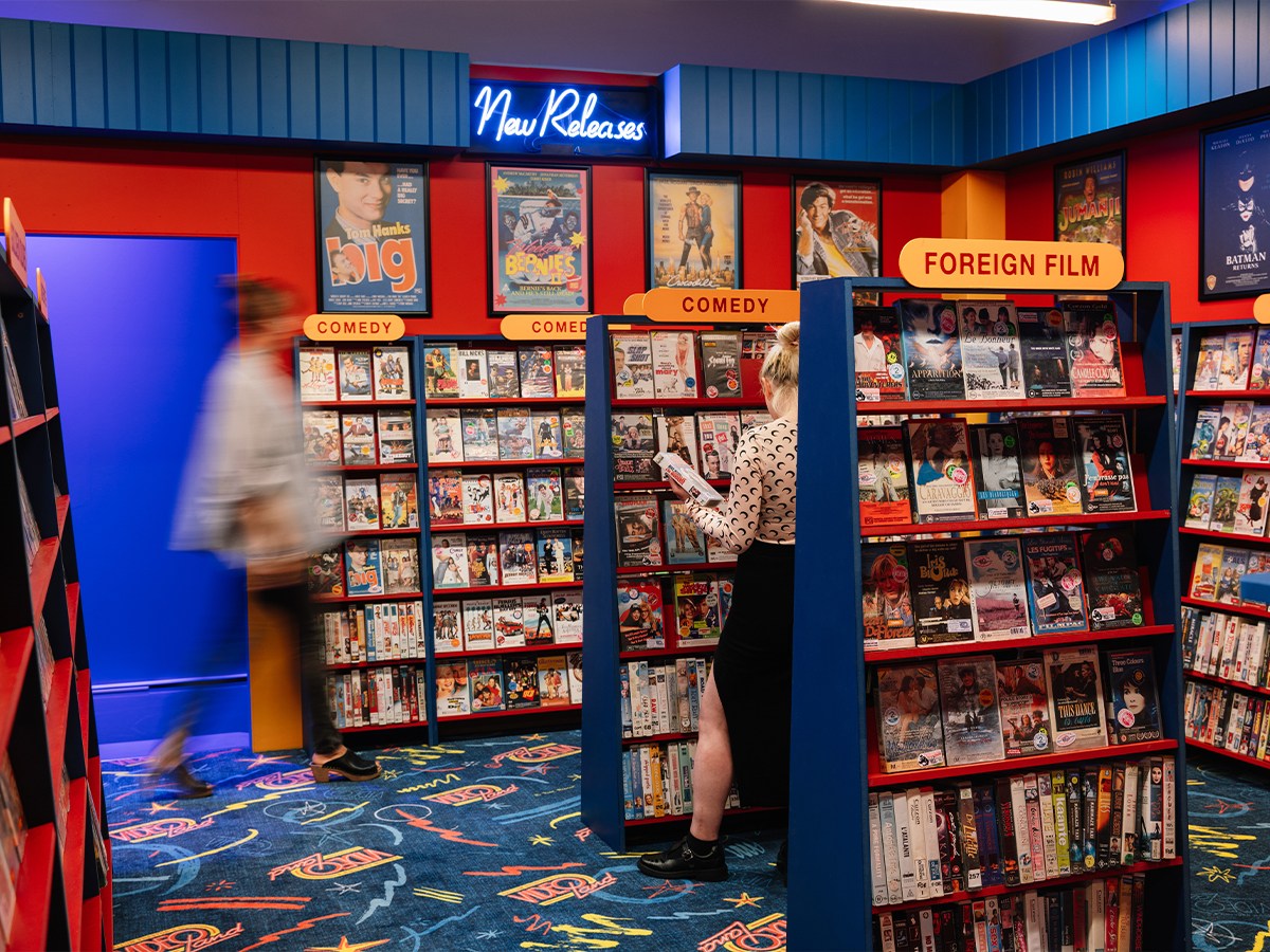 Press play on the past at this full-scale 90s video store replica