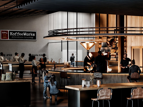 An artist's impression of the new Yahava KoffeeWorks Swan River fronting roastery and cafe, set to open in 2028
