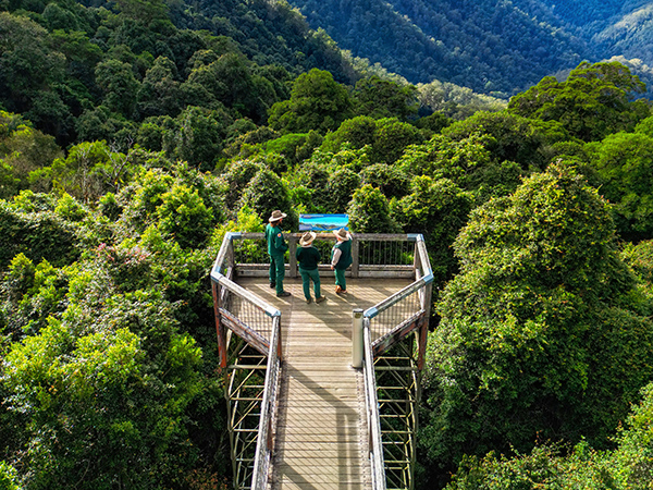 Three people standing at the SkyWalk lookout.