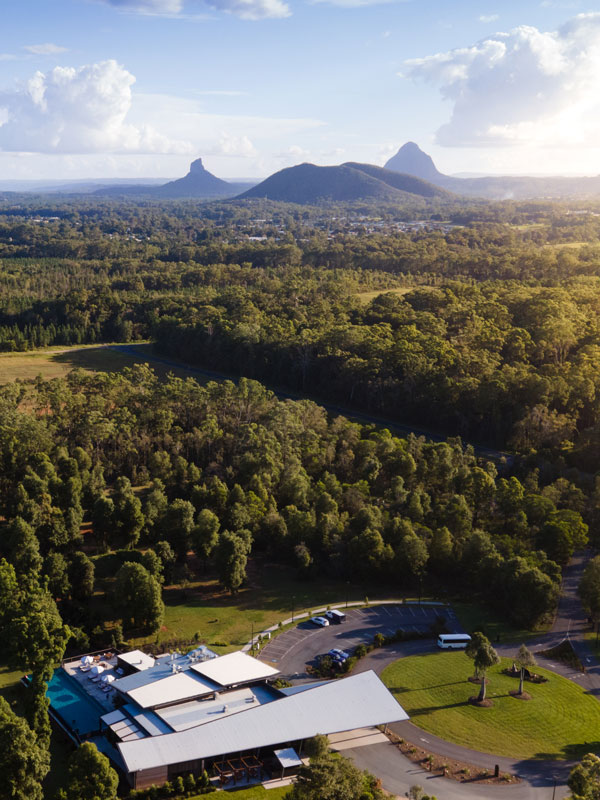 Aerial view of Australia Zoo featuring the Glasshouse Mountains