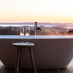 View of the outdoor bath at Elouera, a luxury tiny house at Sierra Escape in Mudgee