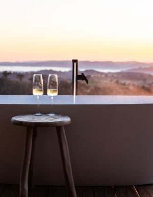 View of the outdoor bath at Elouera, a luxury tiny house at Sierra Escape in Mudgee
