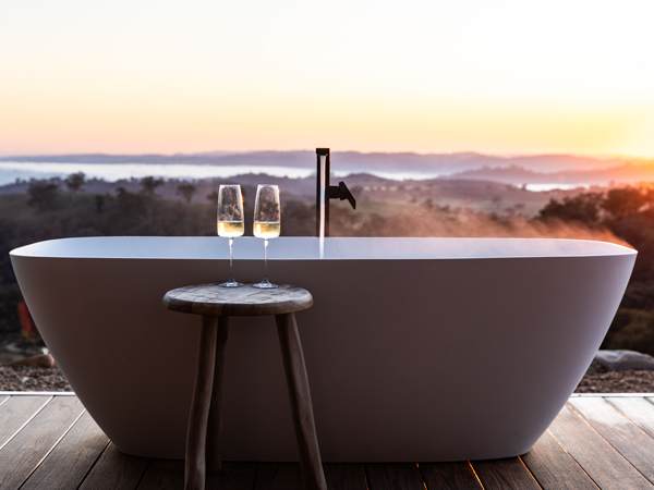 View of the outdoor bath at Elouera, a luxury tiny house at Sierra Escape in Mudgee
