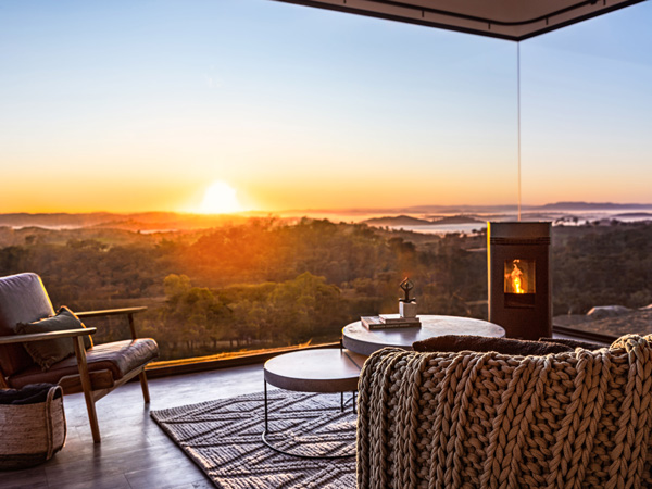 Elouera, a luxury tiny house at Sierra Escape in Mudgee. Meticulously crafted from a shipping container and offering unparalleled views.