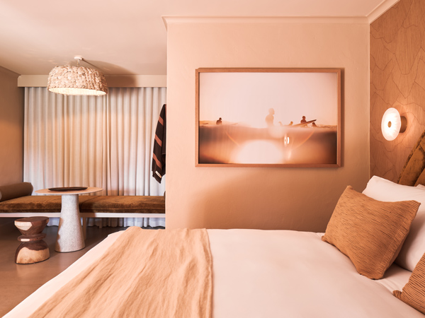 a coffee-toned room at Swell Hotel Byron Bay