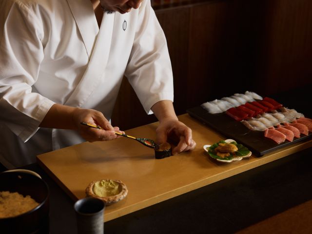 the sushi master making nigiri at Omakase by Prefecture 48