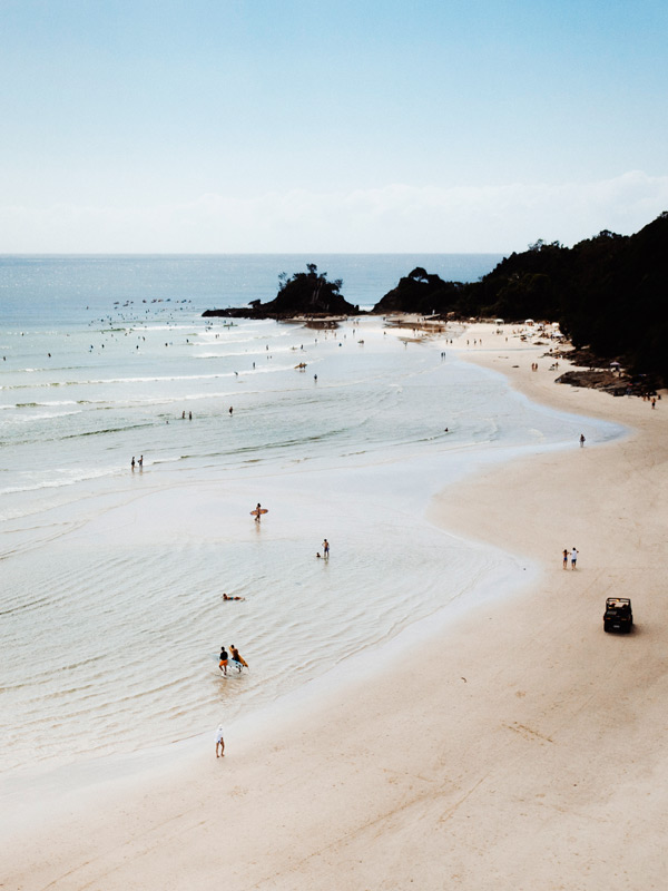 an aerial view of the Main Beach, Byron Bay