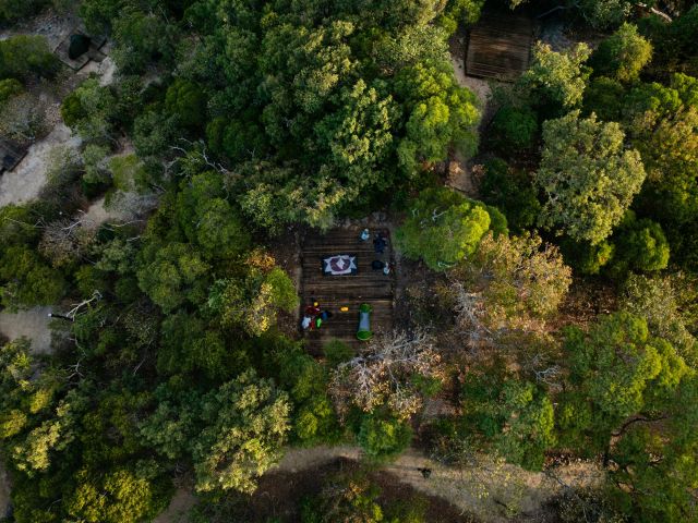 Aerial view of campsite along The Ngaro Track, Whitsunday Islands