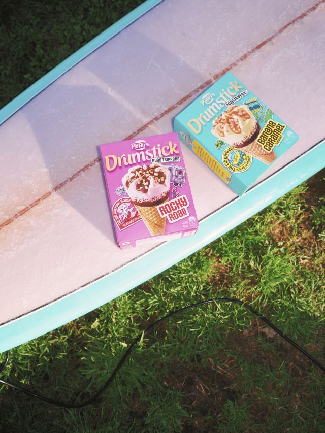 Drumstick Road Trippers ice cream range on surfboard