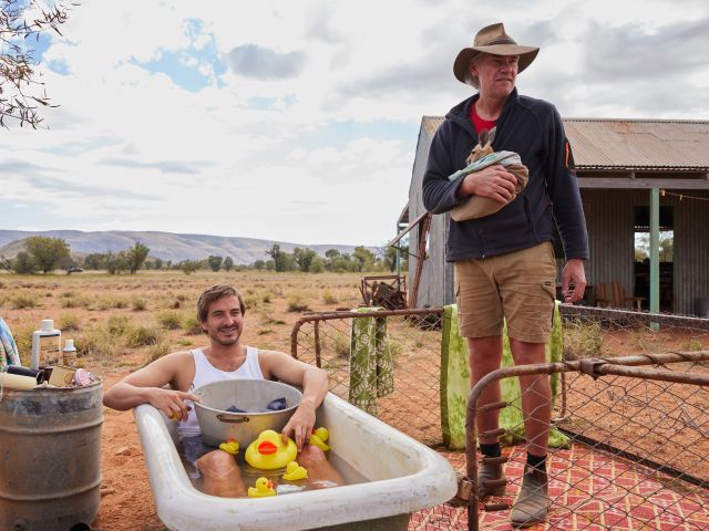Ryan Corr on set alongside Chris 'Brolga' Barns at The Shed in Ilparpa