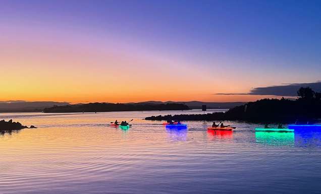 a tour group on the water from Showtime Kayaking Tours