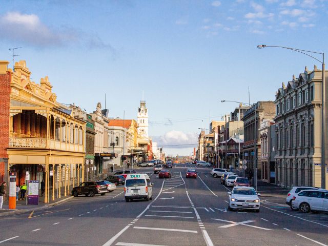 Lydiard Street in Ballarat, Australia, features significant historic Victorian-era architecture and key cultural landmarks, including the Art Gallery of Ballarat, the historic George Hotel and Craig's Royal Hotel, Her Majesty's Theatre, and the intact Ballarat Railway Station Gates.