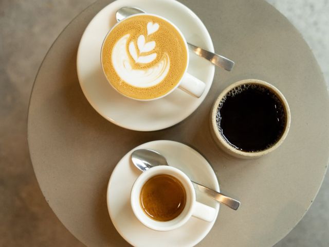 a latte, an espresso and a black coffee at Rumble Coffee Roasters, Kensington