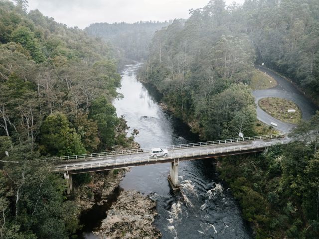 an aerial view of a 4WD travelling through Stanley with Tall Timbers Adventure Tours 