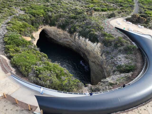 Aerial shot of The Blowhole Lookout – Poombeeyt Koontapool on the Great Ocean Road