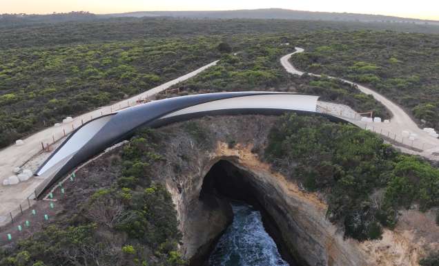 Aerial shot of The Blowhole Lookout – Poombeeyt Koontapool on the Great Ocean Road