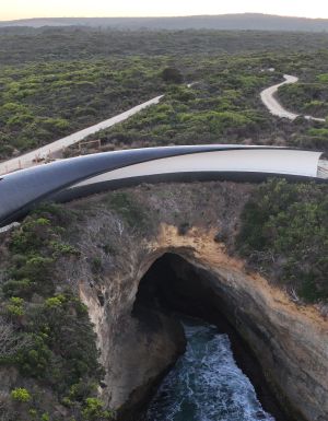 Aerial shot of The Blowhole Lookout – Poombeeyt Koontapool on the Great Ocean Road