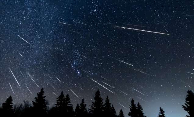 A composite photo created by combing 44 phots that have been oriented to match the star position and show how meteor showers originate from the same point relative to the stars. These meteors were part of the Geminids meteor shower. The midground is an evergreen forest as a silhouette.