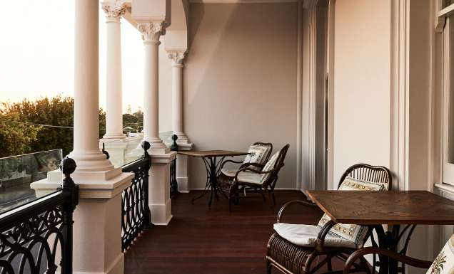 The Royal Queenscliff’s balcony embodies the serene beauty of the Geelong Bellarine Giveaway escape.