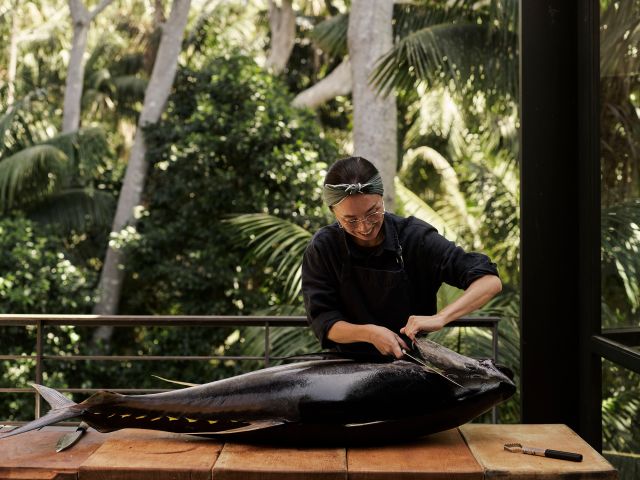 Chef Kimie Uemeto with a fresh catch at Island House, Lord Howe