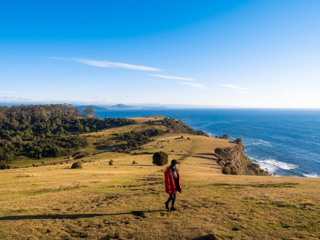 woman on a headland of Maria Island Walk 