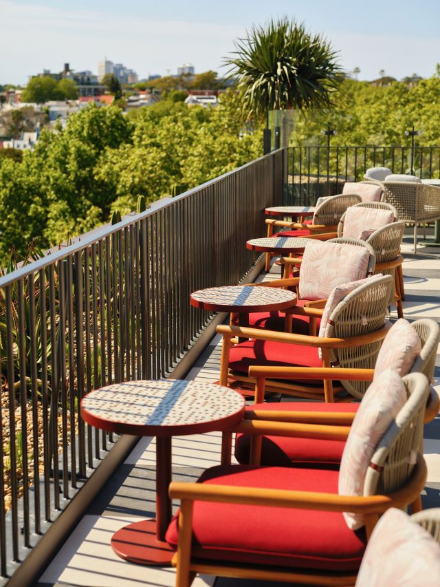 the outdoor seating at rooftop bar Monica, 25hours Hotel The Olympia