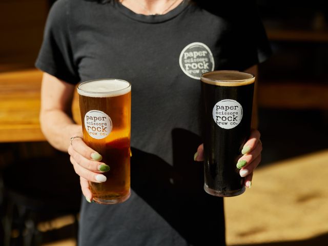 two glasses of beer at Paper Scissors Rock in Halls Gap